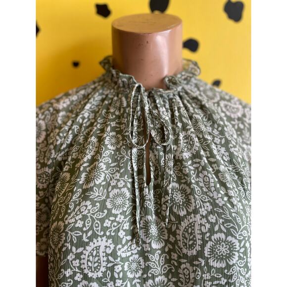 Green Boho Floral Midi Dress | Smocked Neck | Relaxed Fit Cottagecore - Picture 5 of 7